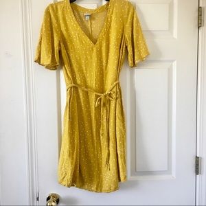 Yellow Midi Polka Dot Dress With Pockets